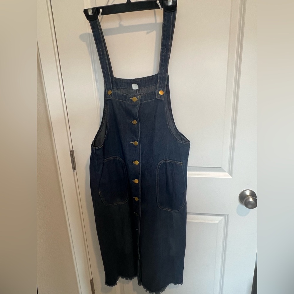 Dark Blue Denim Overall Jumper Dress with Buttons. - Picture 3 of 3
